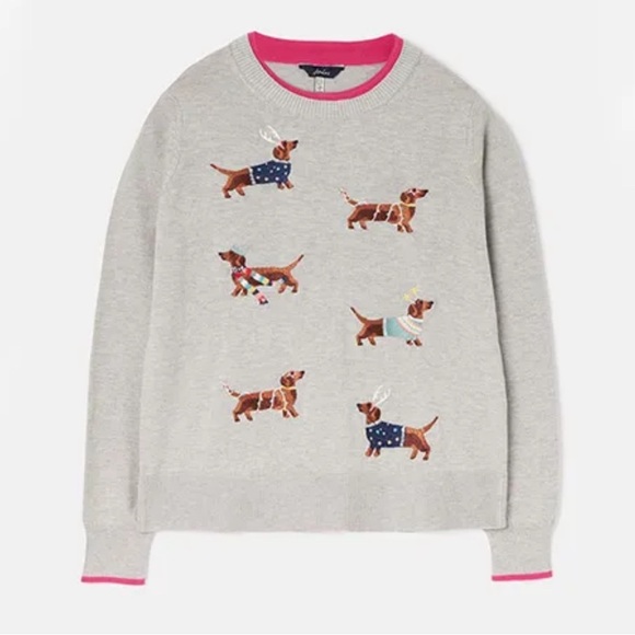 Joules Mariella Festive Intarsia Dachshund Dog Holiday Embroidered Sweater Gray - Picture 1 of 12